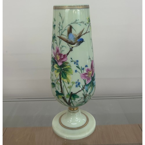 95 - Hand painted glass vase measures approx 13.5 inches tall