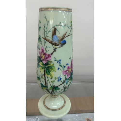 95 - Hand painted glass vase measures approx 13.5 inches tall