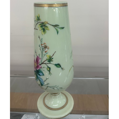 95 - Hand painted glass vase measures approx 13.5 inches tall