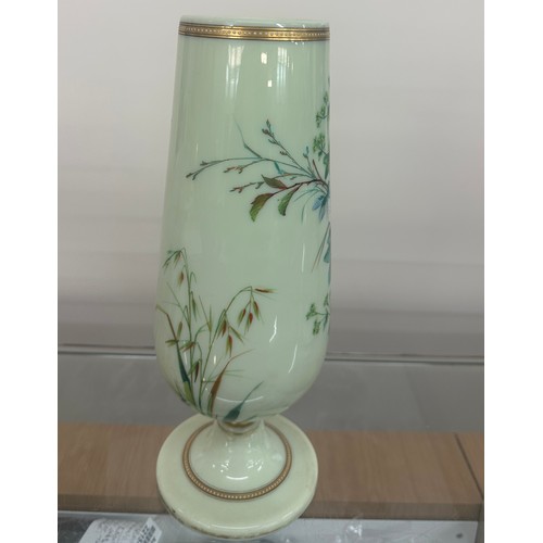 95 - Hand painted glass vase measures approx 13.5 inches tall