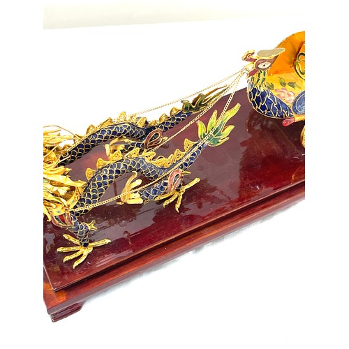 94A - Closonnie chinese inspired Chariot dragon figure on wooden base measures approximately 14 inches wid... 