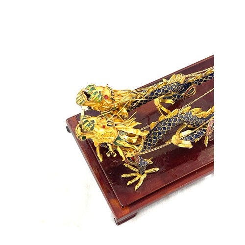 94A - Closonnie chinese inspired Chariot dragon figure on wooden base measures approximately 14 inches wid... 