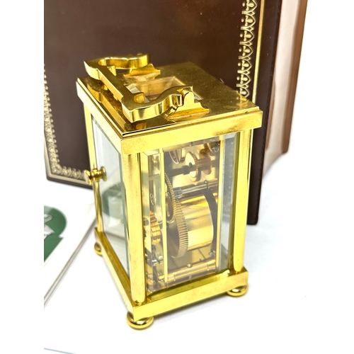 412 - Boxed Matthew Norman brass carriage clock  the clock is ticking complete with the key