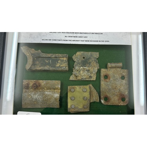 460 - Framed WW2 aircraft artefact from the Boeing B-17G-42-31441 303BG/360BS that were recovered in the 1... 