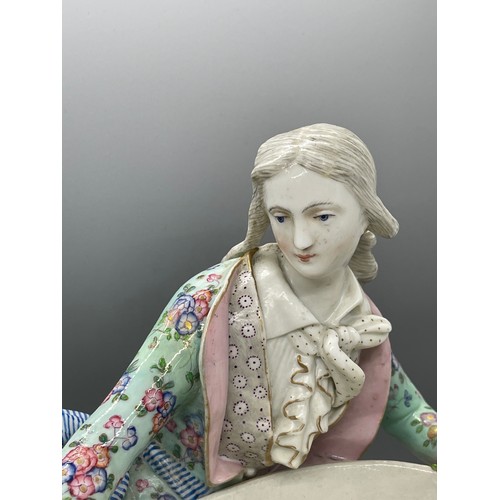 585 - Antique meissen large figure of a reclining lady cross swords mark to base height 24 cm length 30 cm