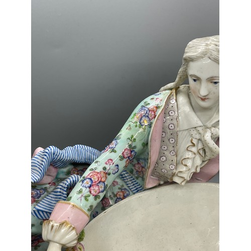 585 - Antique meissen large figure of a reclining lady cross swords mark to base height 24 cm length 30 cm