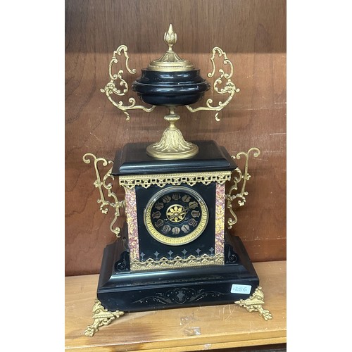 65 - Marble/slate mantel clock with gilding measures approx 21 inches tall by 13.5 inches wide