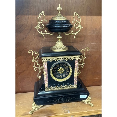 65 - Marble/slate mantel clock with gilding measures approx 21 inches tall by 13.5 inches wide