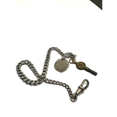 395 - Antique silver albert pocket watch chain key & coin fob no t-bar weight 20g