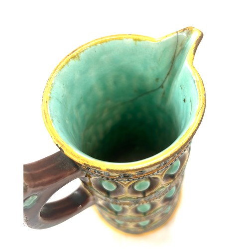 573 - Antique Wedgwood Majolica Motto Pitcher, has sustained a crack, approximate height 22cm