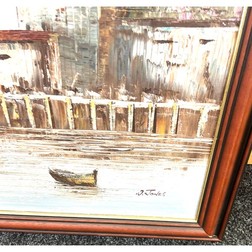 163 - Signed W. Jones canvas boat scene painting, approximate measurements: 25 x 35 inches