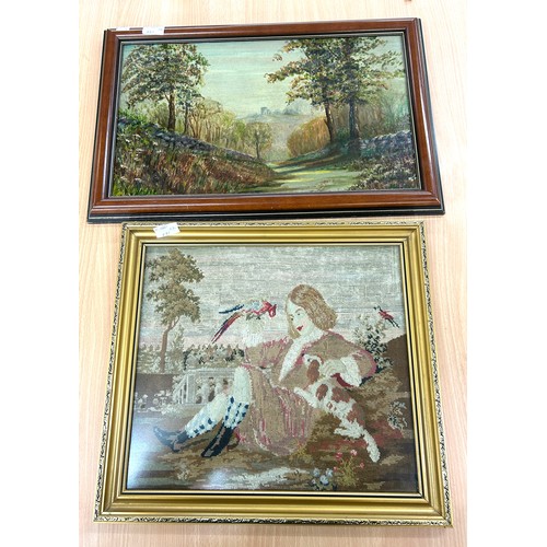 73 - Framed antique needlework depicting a boy and his dog, frame measurements: Height 16.5 inches, Width... 