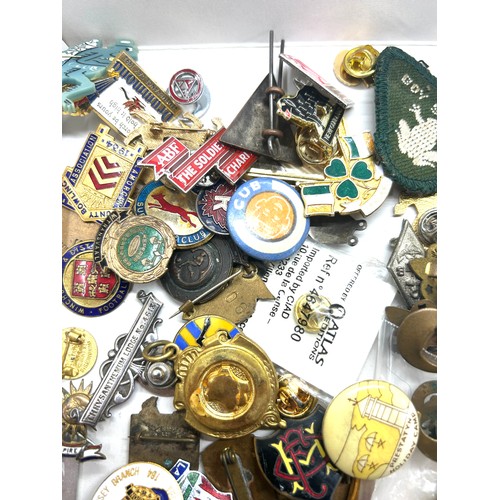 561 - Large selection vintage pin badges to include boy scouts, bowling club, legion, salvation army etc