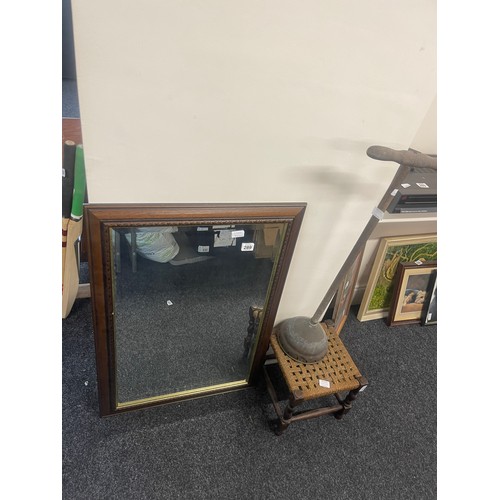 289 - Vintage foot stool, dolly plunger and a framed mirror