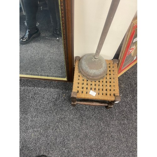 289 - Vintage foot stool, dolly plunger and a framed mirror