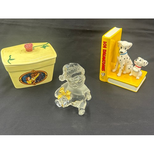 105 - Lenox Winnie the Pooh glass figure, beauty and the beast clover butter dish and a 101 dalmations boo... 