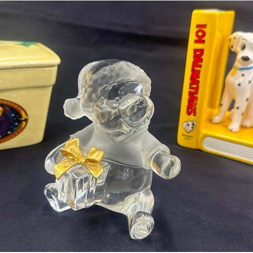 105 - Lenox Winnie the Pooh glass figure, beauty and the beast clover butter dish and a 101 dalmations boo... 