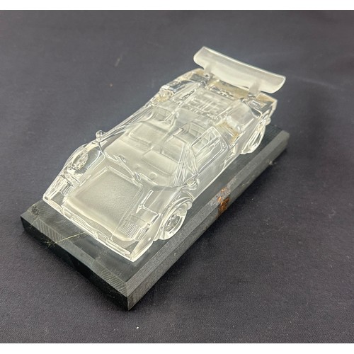 599 - Hofbauer glass Lamborghini on a wooden base Length 7 inches by 2.5 inches