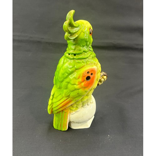 595 - Vintage oriental porcelain parrot with glass eyes 10 inches tall