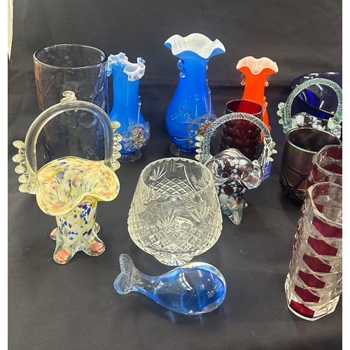 211 - Large selection of coloured glassware includes bags, vases, madina, french glass glasses pink and wh... 