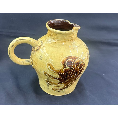 67 - Vintage Studio pottery jug Len stockley, weymouth medieval dragon design 8 inches tall