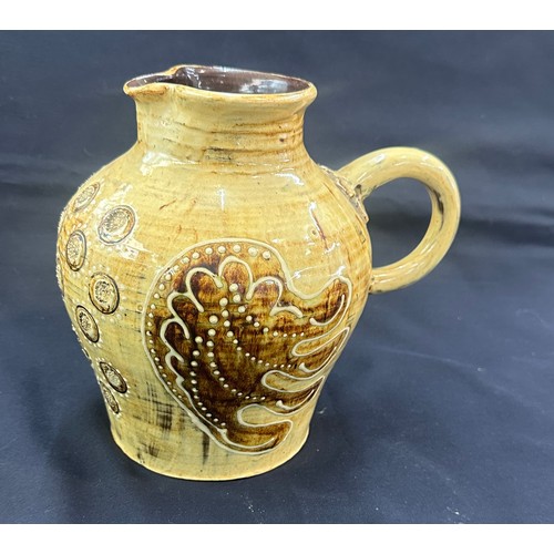 67 - Vintage Studio pottery jug Len stockley, weymouth medieval dragon design 8 inches tall