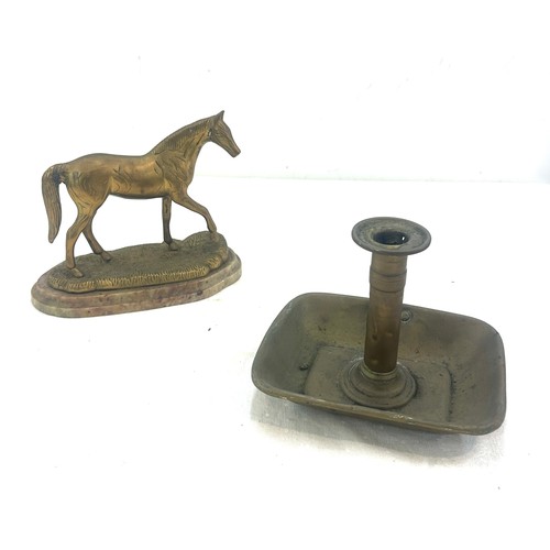 576 - Vintage brass candle stick and a brass horse on a marble base