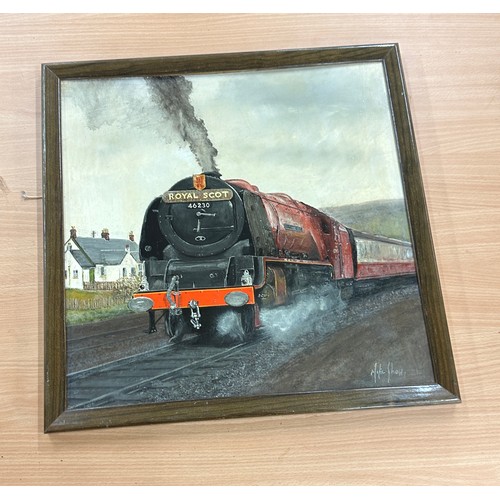 33 - Framed Royal Scot train painting signed Mike Show measures approximately 21 inches 29 inches