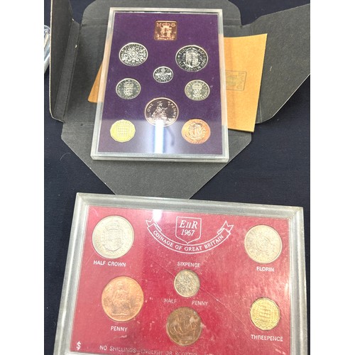 380 - Selection of vintage cased coin sets and bank notes, silver coins etc