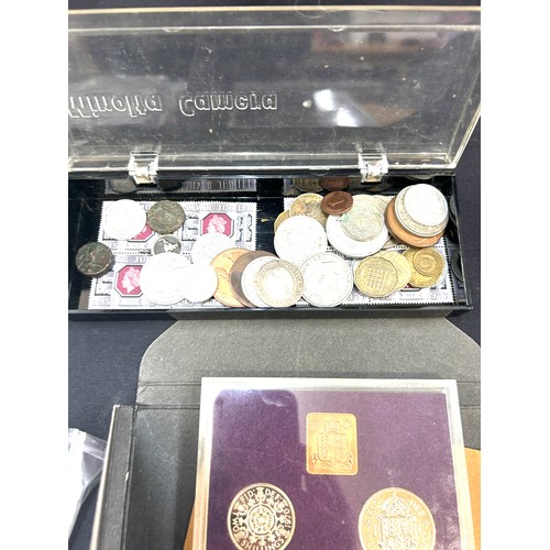 380 - Selection of vintage cased coin sets and bank notes, silver coins etc