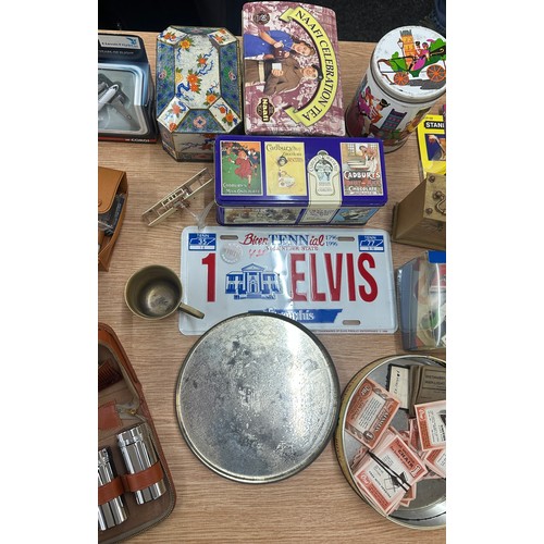 242 - Selection of miscellaneous to include Corgi cars, vintage tins, clocks, gentle mans groom kit