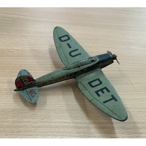 Two tin/metal model planes one German D-U DET