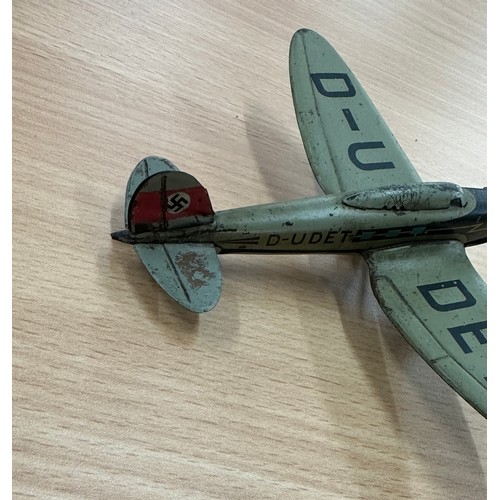 Two tin/metal model planes one German D-U DET