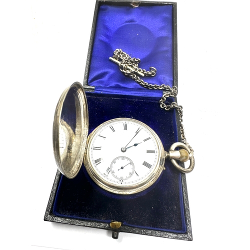 532 - Boxed antique silver full hunter pocket watch the watch is ticking