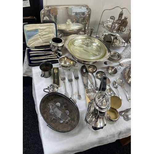 152 - Two boxes of silver plate to include Harrods tray, Walker & Hall biscuit barrel and a large quantity... 