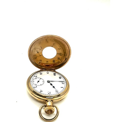 420 - Antique gold plated half hunter pocket watch. No wear to the plate and in working condition- 50mm in... 