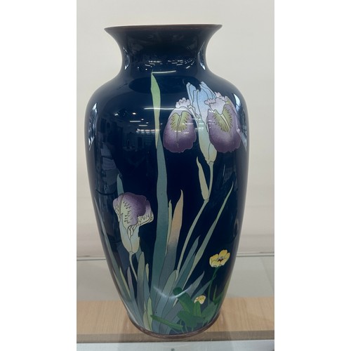 371 - Vintage cloisonné enamel vase depicting irises. 46 cm tall. In good condition.