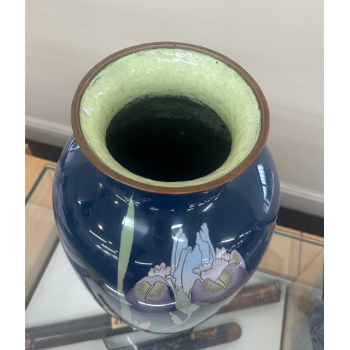 371 - Vintage cloisonné enamel vase depicting irises. 46 cm tall. In good condition.