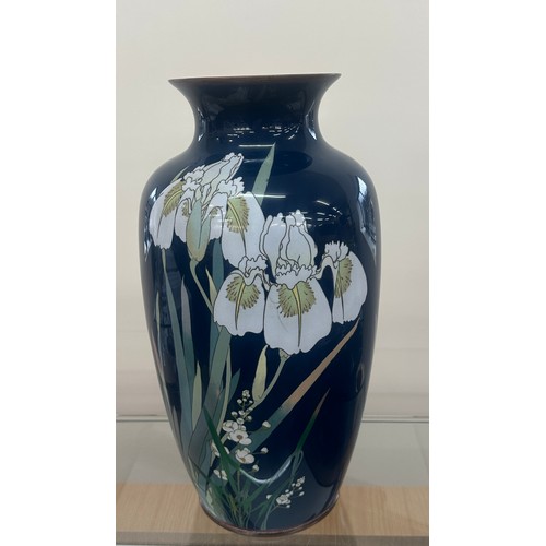 371 - Vintage cloisonné enamel vase depicting irises. 46 cm tall. In good condition.