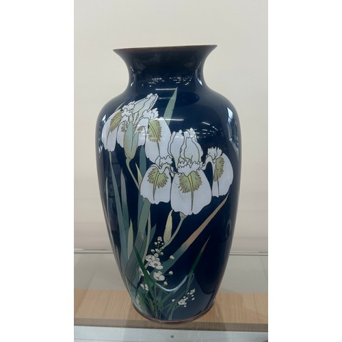 371 - Vintage cloisonné enamel vase depicting irises. 46 cm tall. In good condition.