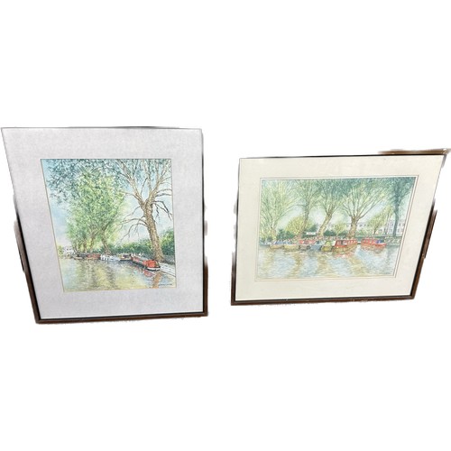 18 - Two framed signed pictures depicting boats on a canal largest measures approx 25 inches tall by 21 i... 