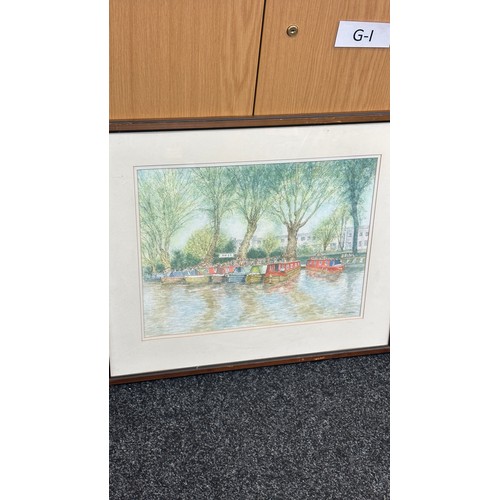18 - Two framed signed pictures depicting boats on a canal largest measures approx 25 inches tall by 21 i... 