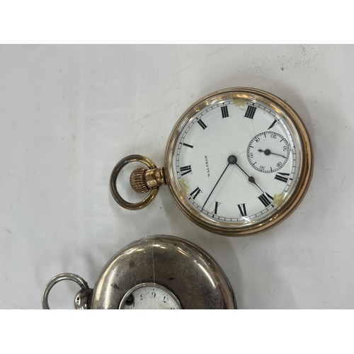 421 - Waltham gold plated pocket watch and a silver pocket watch, untested