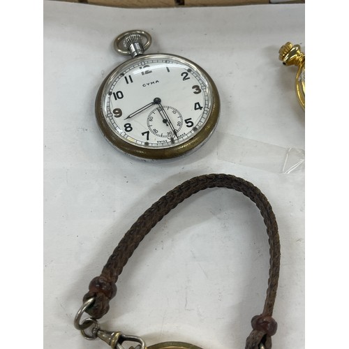 419 - Large selection of vintage and later pocket watches includes Cyma Military pocket watch, Thomas Russ... 