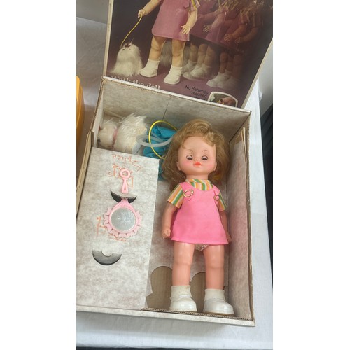 212 - Vintage Girl Doll Bradgate Penny Puppy Walker Toy with Dog 1970s Original Box and Vintage Katy Kopyc... 