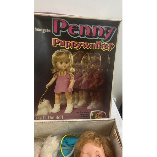 212 - Vintage Girl Doll Bradgate Penny Puppy Walker Toy with Dog 1970s Original Box and Vintage Katy Kopyc... 