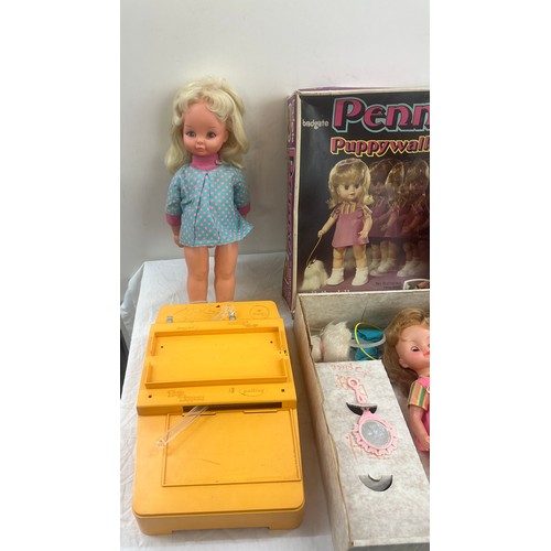 212 - Vintage Girl Doll Bradgate Penny Puppy Walker Toy with Dog 1970s Original Box and Vintage Katy Kopyc... 