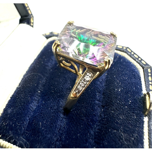 95 - 9ct gold mystic topaz & diamond shoulders ring weight 4.4g