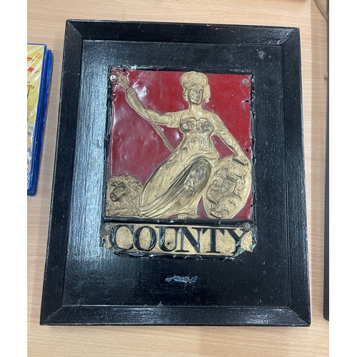 608 - Vintage framed County wall plaque measures approximately 13 inches tall 10.5 inches wide