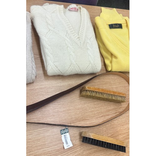 183 - Selection of mens items to include a pringle yellow v size L, Jaeger white V neck size L, First aven... 